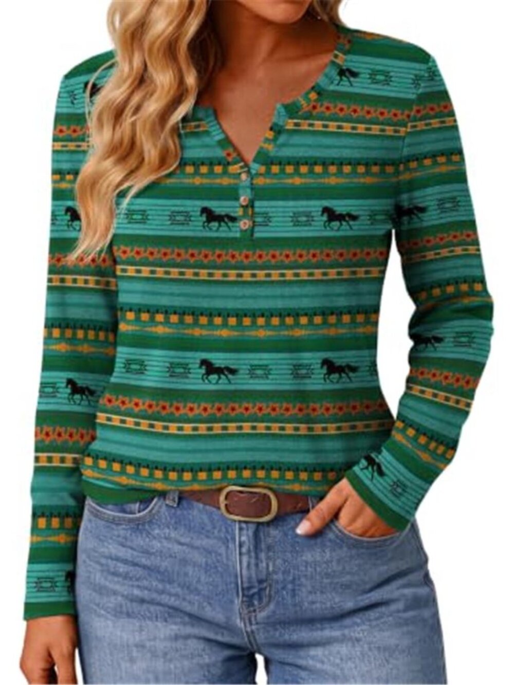 Womens Western Shirt Aztec Long Sleeve Tops